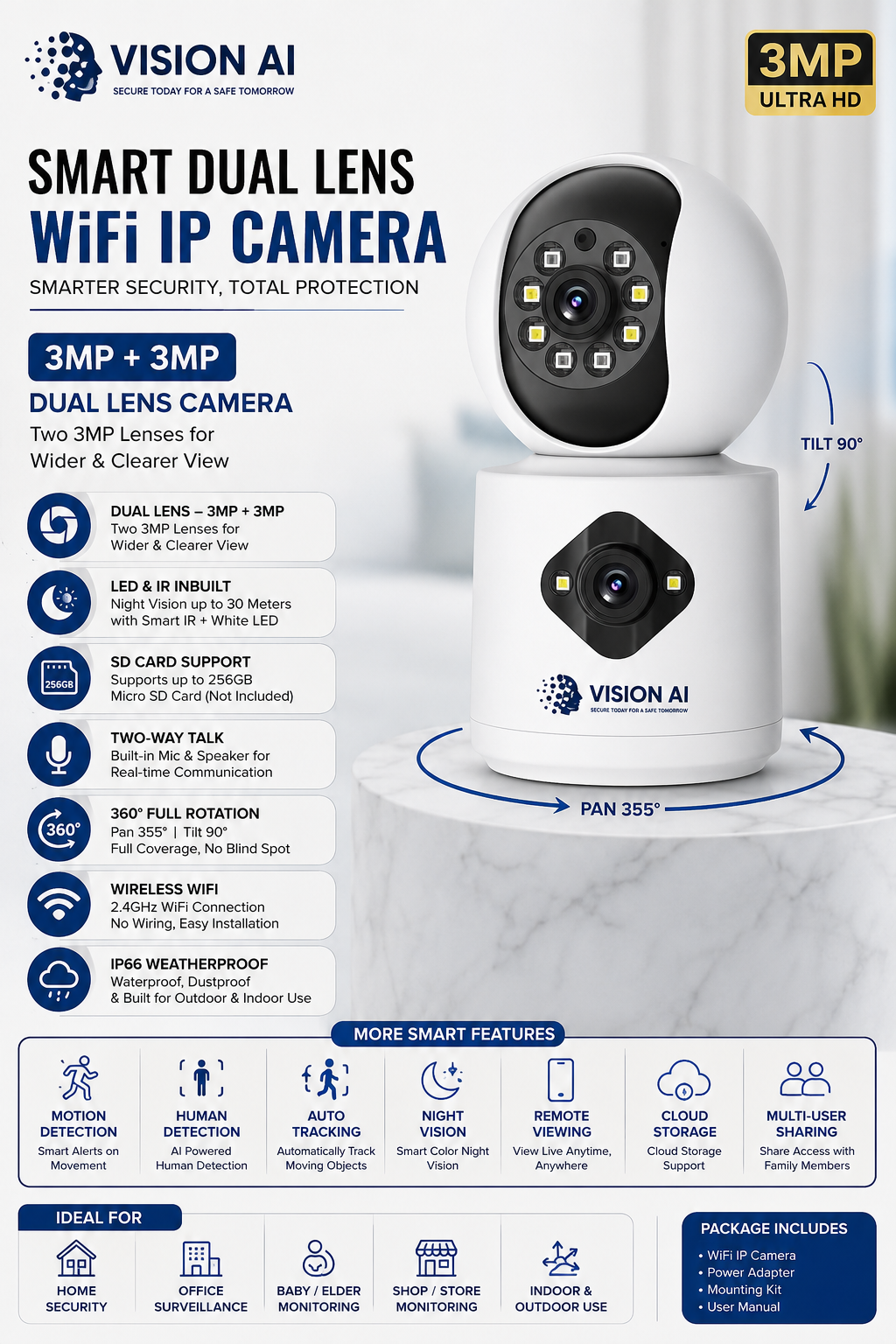 Vision AI 3MP + 3MP Smart Dual Lens WiFi IP Camera with 360° Pan, 90° Tilt & AI Tracking