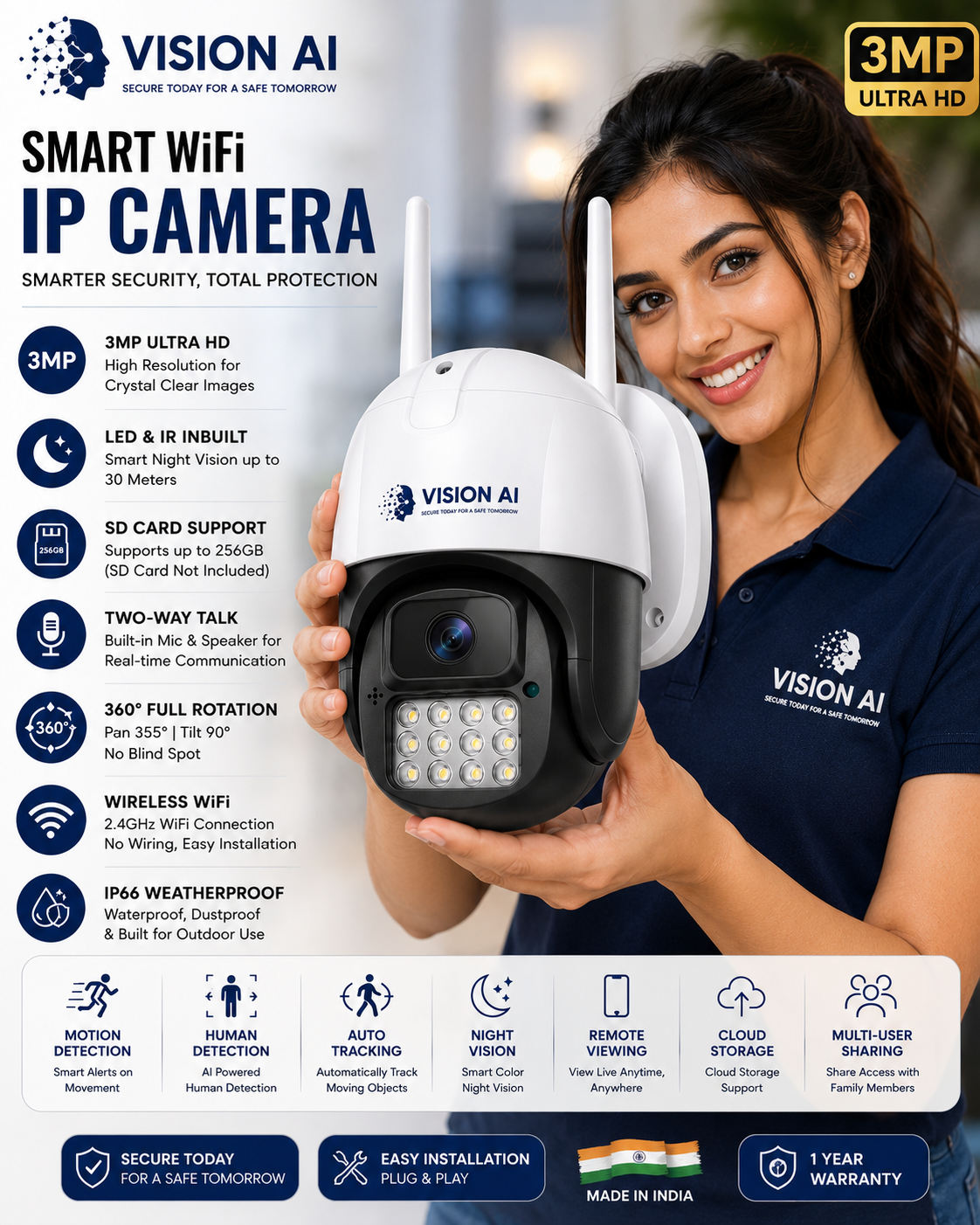 Vision AI 3MP Smart WiFi IP Camera with 355° Pan, 90° Tilt, AI Human Detection & Auto Tracking