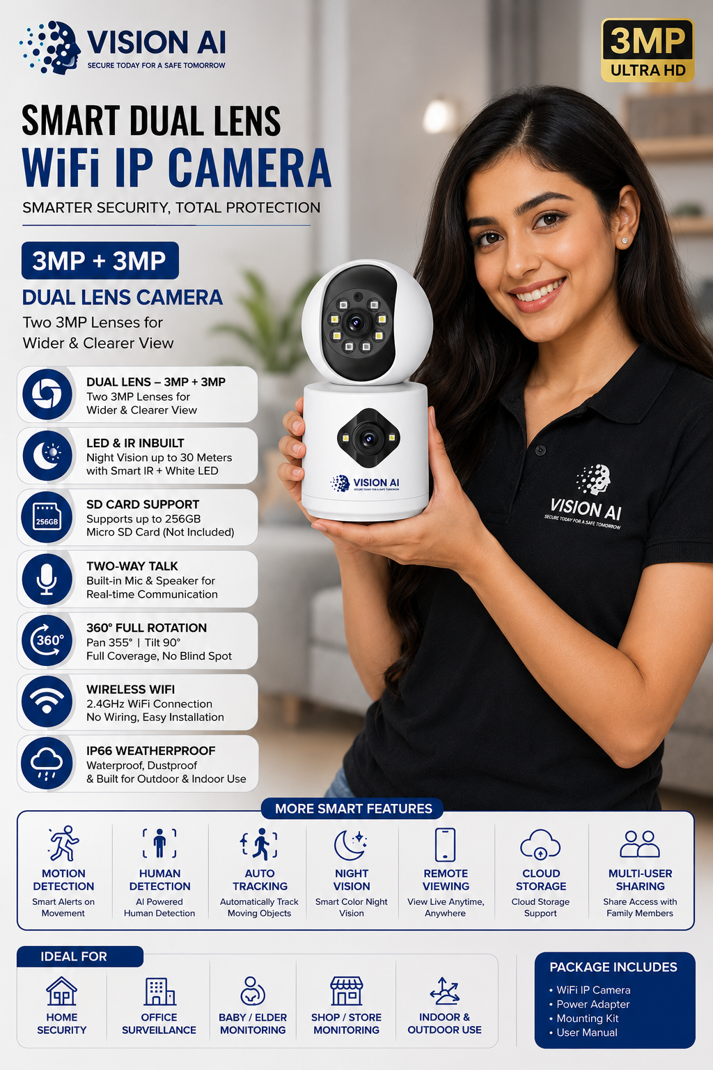 Vision AI 3MP + 3MP Smart Dual Lens WiFi IP Camera with 360° Pan, 90° Tilt & AI Tracking
