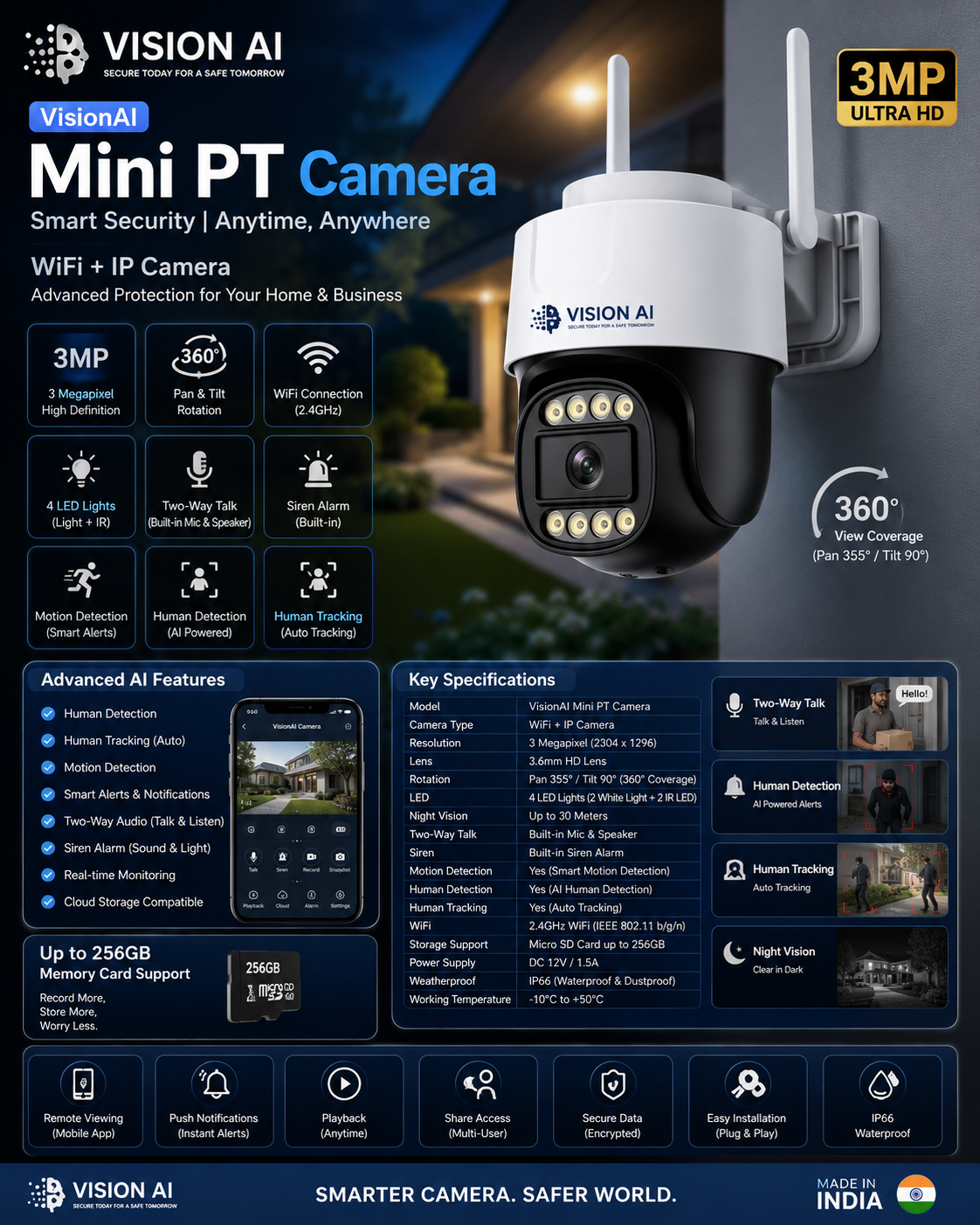 Vision AI 3MP Smart Mini PT Camera | 360° Pan & Tilt | AI Tracking | Two-Way Audio | WiFi + IP | IP66