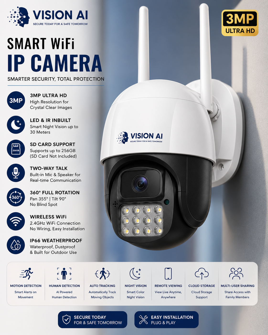Vision AI 3MP Smart WiFi IP Camera with 355° Pan, 90° Tilt, AI Human Detection & Auto Tracking