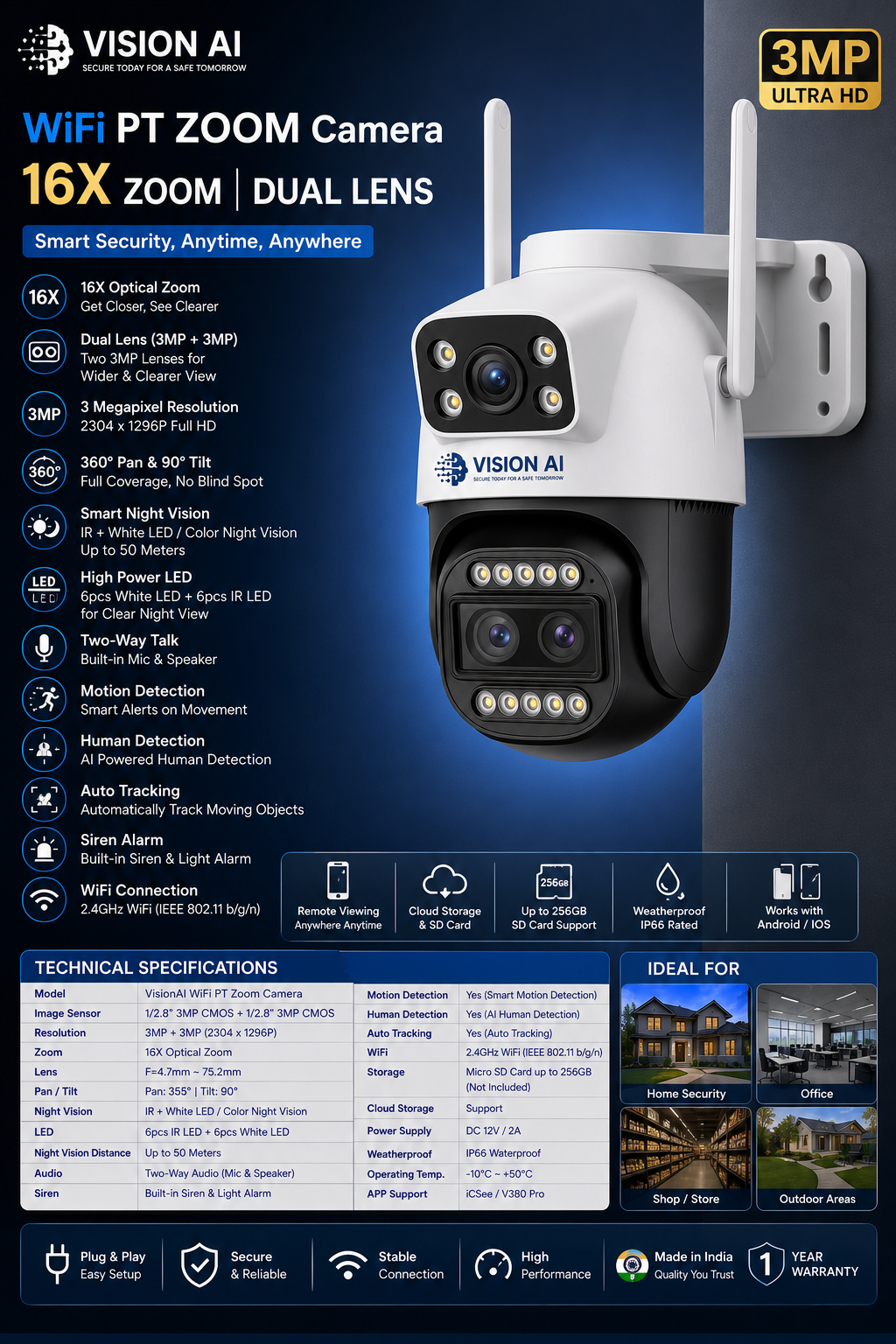 Vision AI 3MP Mini PT WiFi IP Camera with 360° Pan & Tilt, Two-Way Audio & Color Night Vision