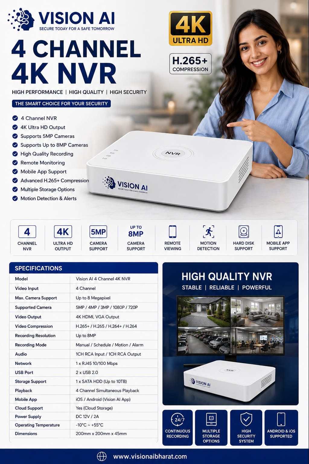 Vision AI 4 Channel 4K NVR with H.265+ Compression, Up to 8MP Camera Support & 10TB HDD Storage