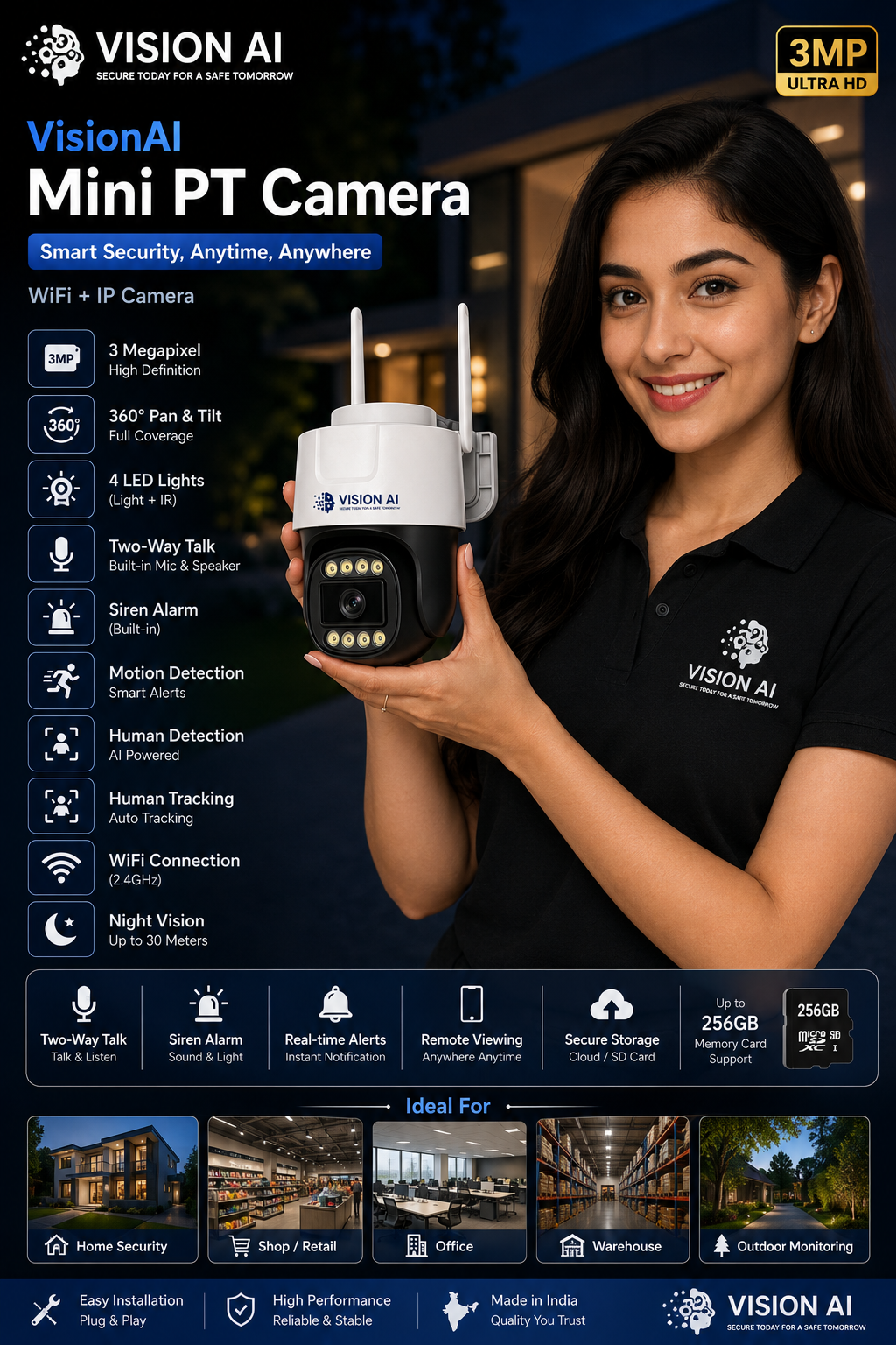 Vision AI 3MP Mini PT WiFi IP Camera with 360° Pan & Tilt, Two-Way Audio & Color Night Vision